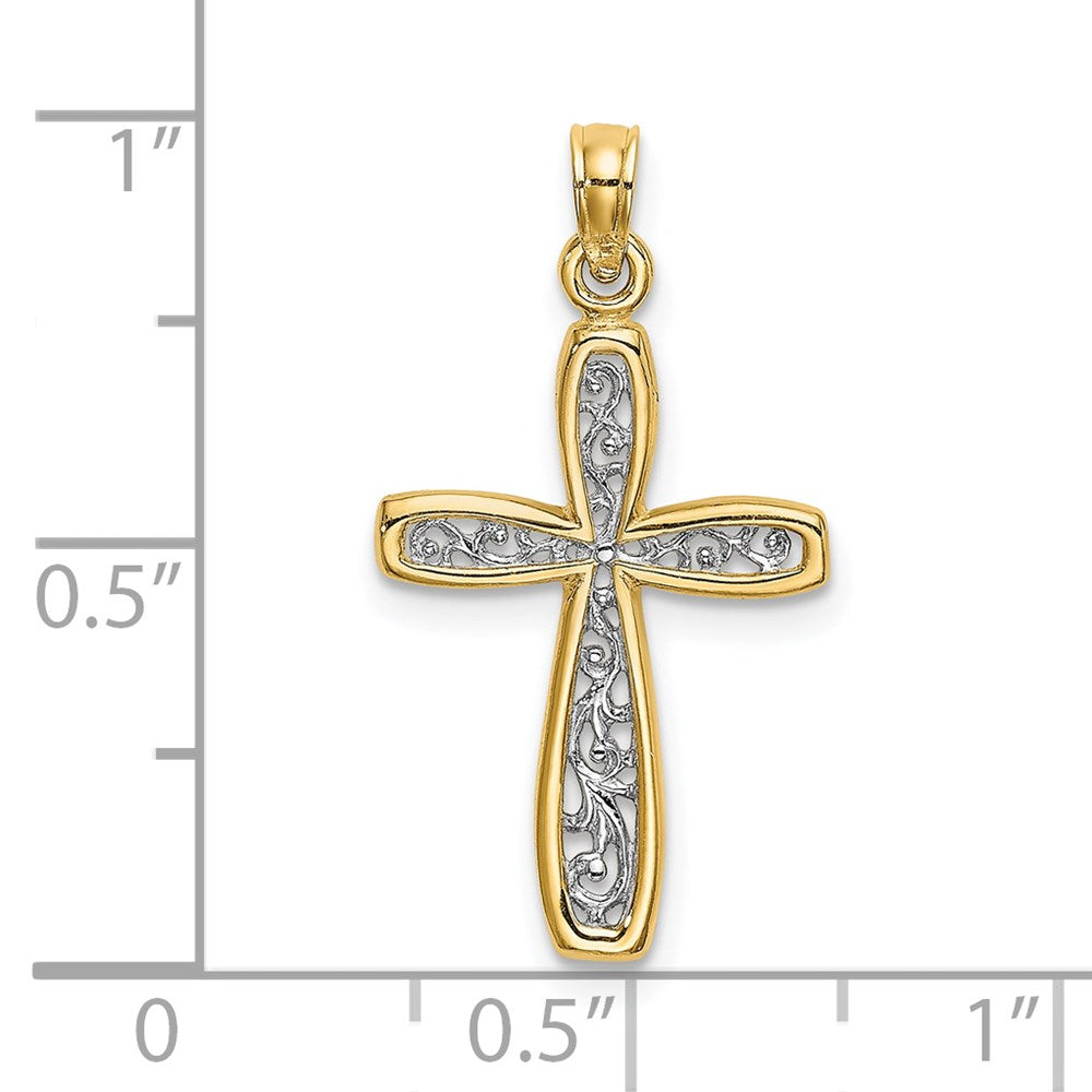 14K Gelb & Rhodium mit Filigran Kreuz Charm