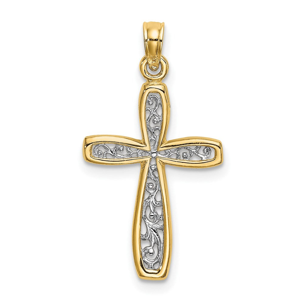 14K Gelb & Rhodium mit Filigran Kreuz Charm