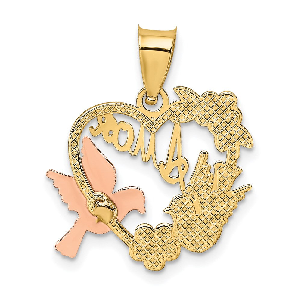 14K Bicolor-Gold mit Weißrhodium AMOR Herz mit Tauben Charm