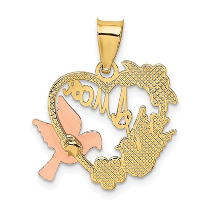 14K Bicolor-Gold mit Weißrhodium AMOR Herz mit Tauben Charm