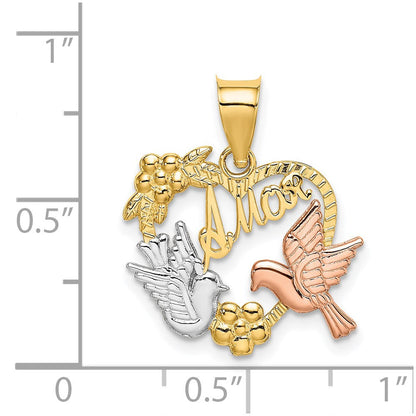 14K Bicolor-Gold mit Weißrhodium AMOR Herz mit Tauben Charm