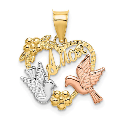 14K Bicolor-Gold mit Weißrhodium AMOR Herz mit Tauben Charm