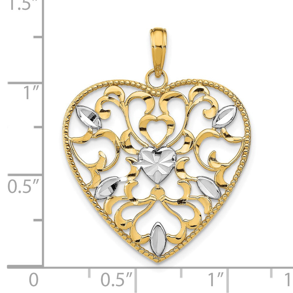 Herzcharm aus 14K Gelb- und Rhodiumgold mit Rhodium-Filigran-Blattakzent