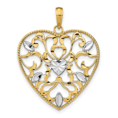 Herzcharm aus 14K Gelb- und Rhodiumgold mit Rhodium-Filigran-Blattakzent