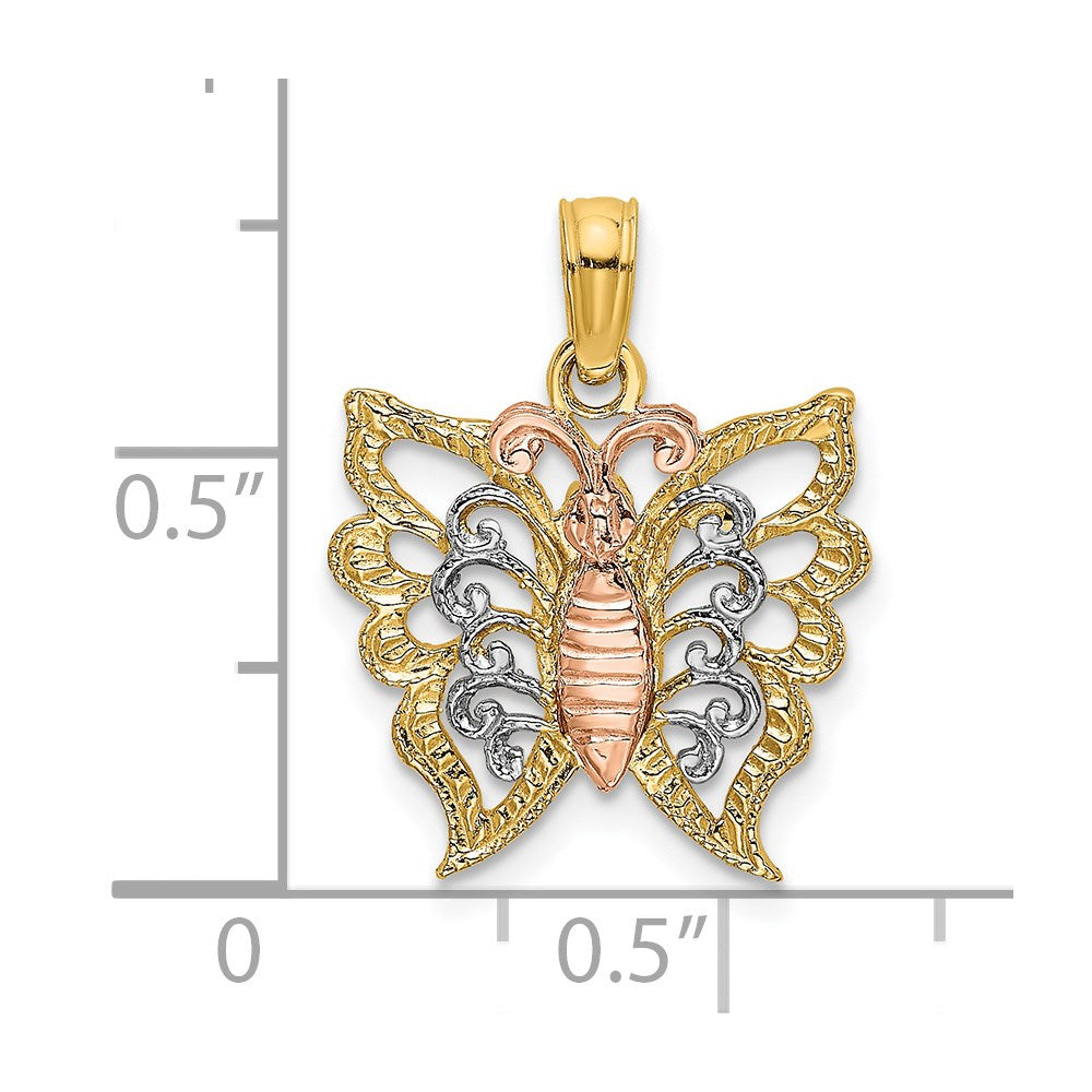 14K Bicolor mit Weiß Rhodium Schmetterling Ausgeschnitten Charm
