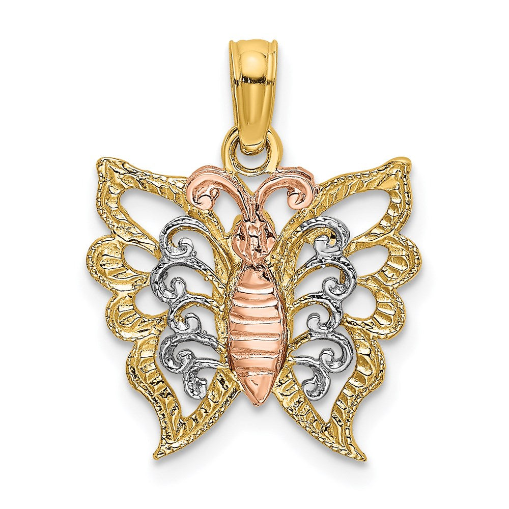 14K Bicolor mit Weiß Rhodium Schmetterling Ausgeschnitten Charm