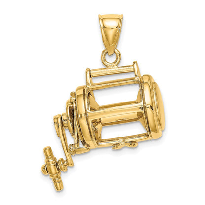14K Gelbgold Beweglich 3d Fishing Reel Charm
