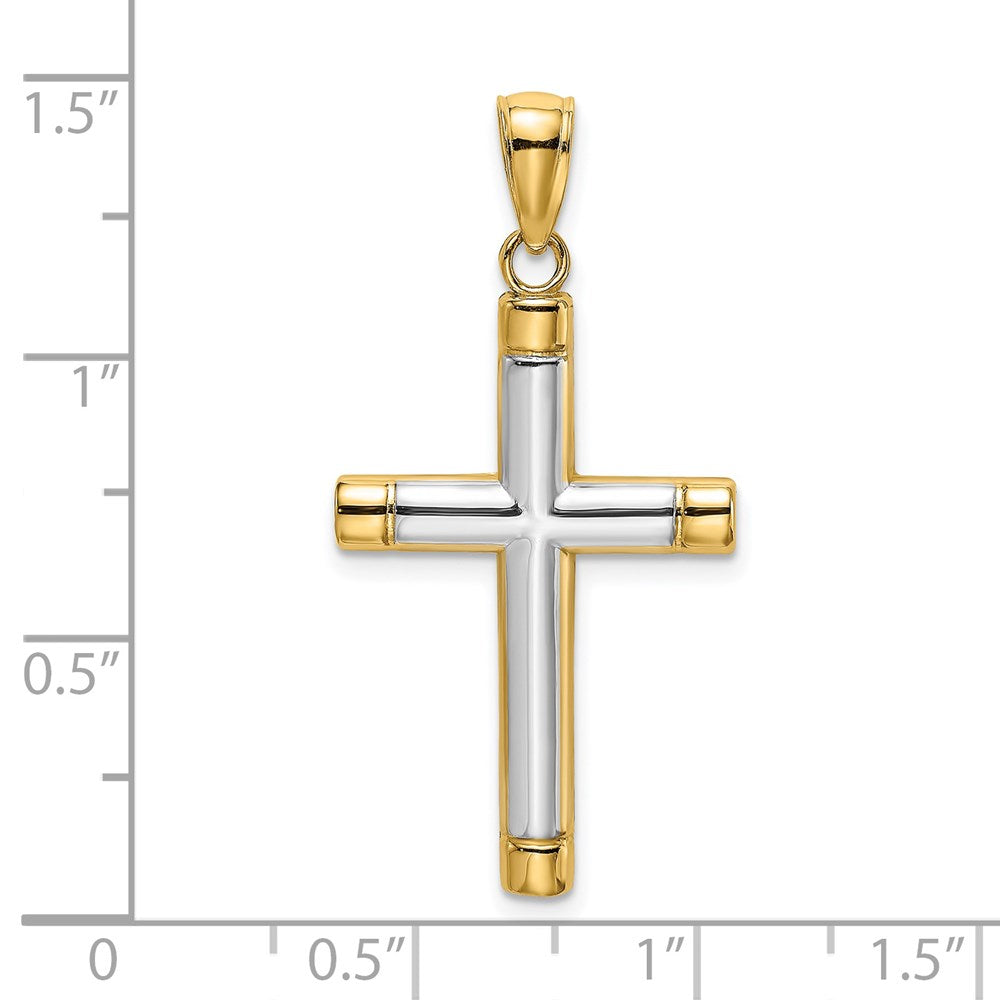 14 Karat Gelb- und Rhodiumgold mit Rhodium, polierter röhrenförmiger Kreuz-Charm