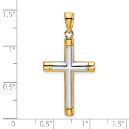 14 Karat Gelb- und Rhodiumgold mit Rhodium, polierter röhrenförmiger Kreuz-Charm