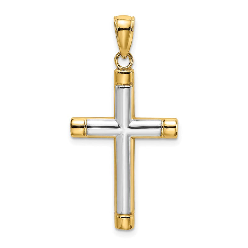 14 Karat Gelb- und Rhodiumgold mit Rhodium, polierter röhrenförmiger Kreuz-Charm