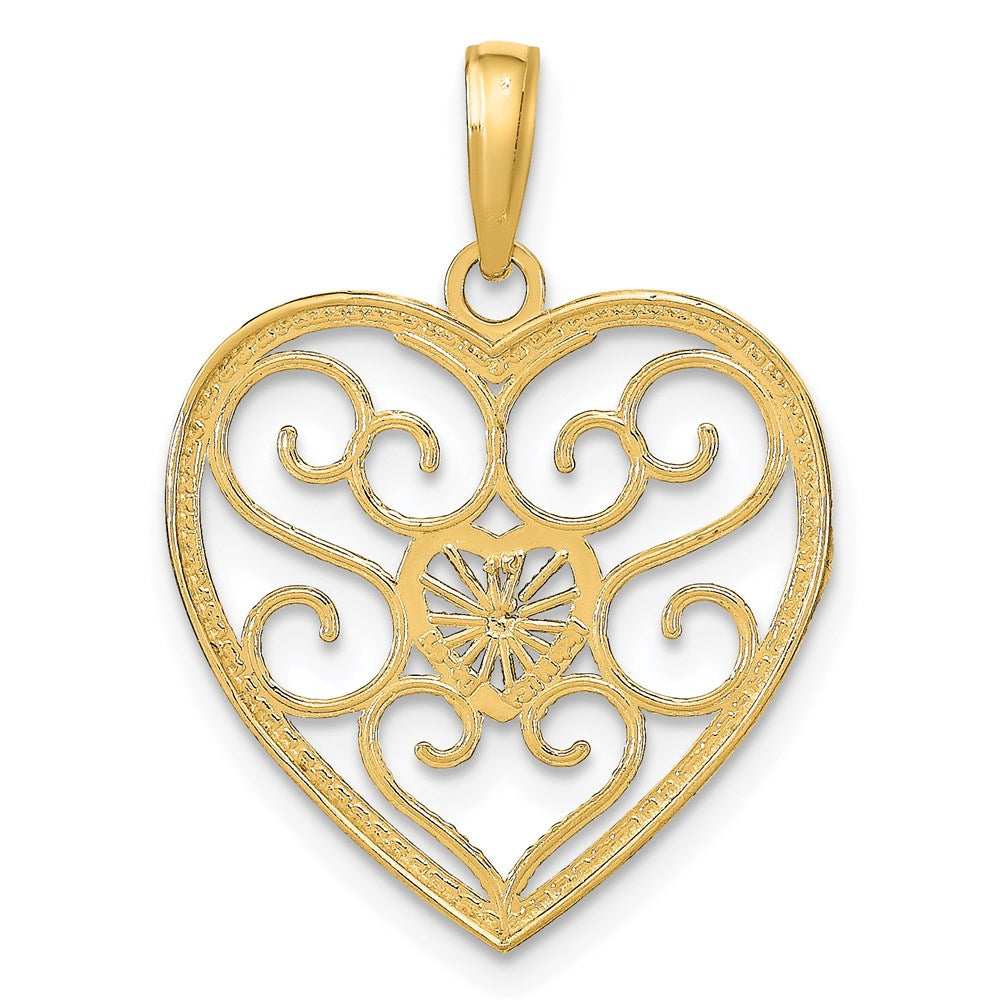 14K Gelb & Rhodium mit Rhodium Filigran Gekugelt Herz Charm