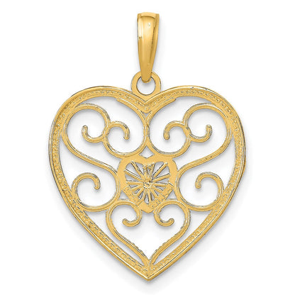 14K Gelb & Rhodium mit Rhodium Filigran Gekugelt Herz Charm