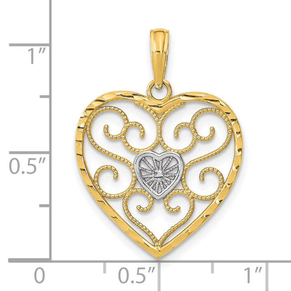 14K Gelb & Rhodium mit Rhodium Filigran Gekugelt Herz Charm