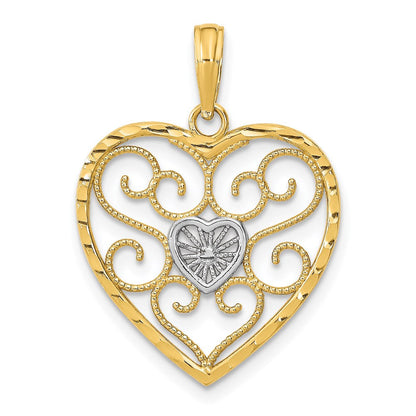 14K Gelb & Rhodium mit Rhodium Filigran Gekugelt Herz Charm