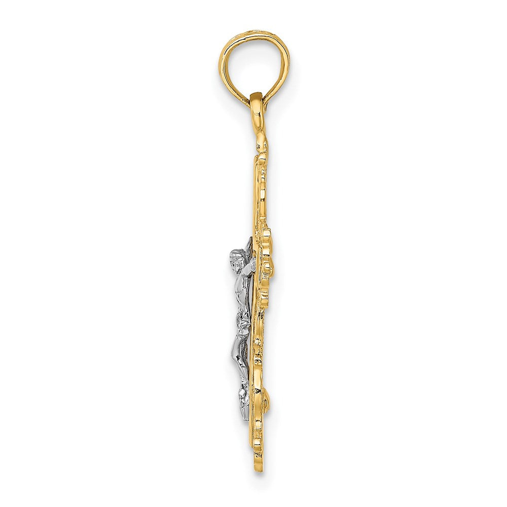 14K Bicolor mit Rhodium Strukturiert Lace Zierde Kruzifix Charm