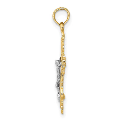 14K Bicolor mit Rhodium Strukturiert Lace Zierde Kruzifix Charm