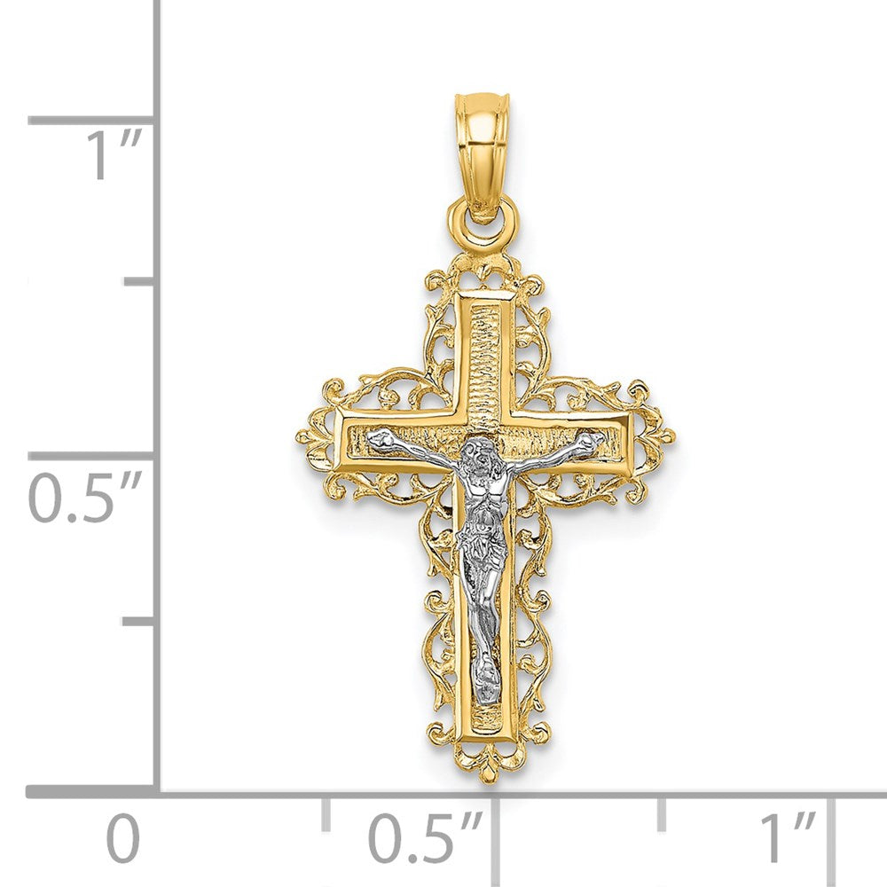 14K Bicolor mit Rhodium Strukturiert Lace Zierde Kruzifix Charm