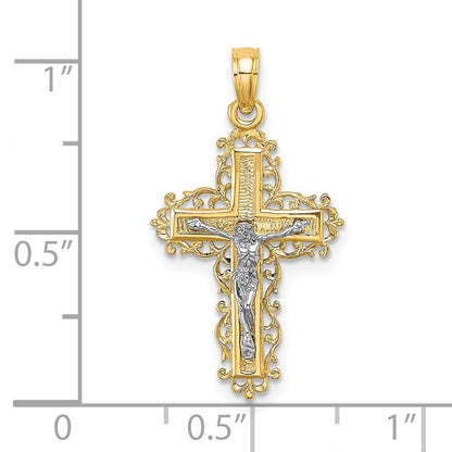 14K Bicolor mit Rhodium Strukturiert Lace Zierde Kruzifix Charm