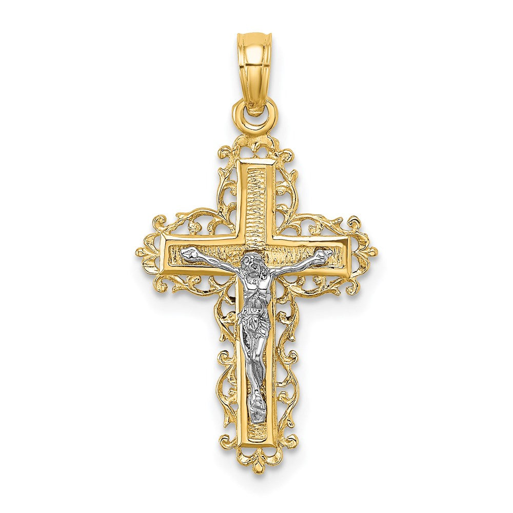 14K Bicolor mit Rhodium Strukturiert Lace Zierde Kruzifix Charm