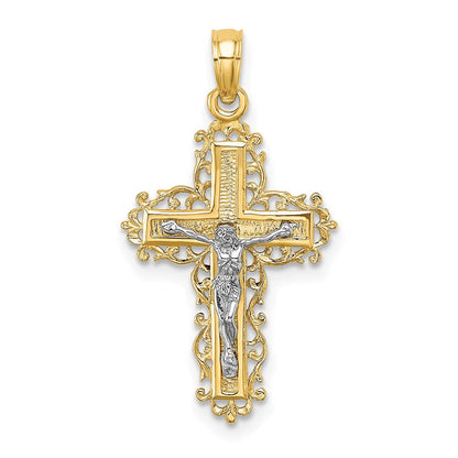 14K Bicolor mit Rhodium Strukturiert Lace Zierde Kruzifix Charm