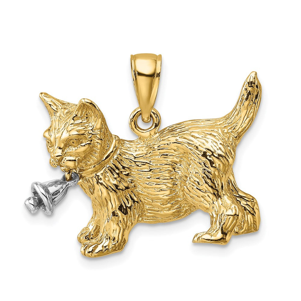 14K Bicolor-Gold Baumelnder Glocke-und-Katze-Charm