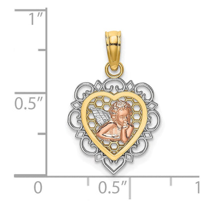 14K Bicolor mit Weiß Rhodium Klein Engel in Herz Charm
