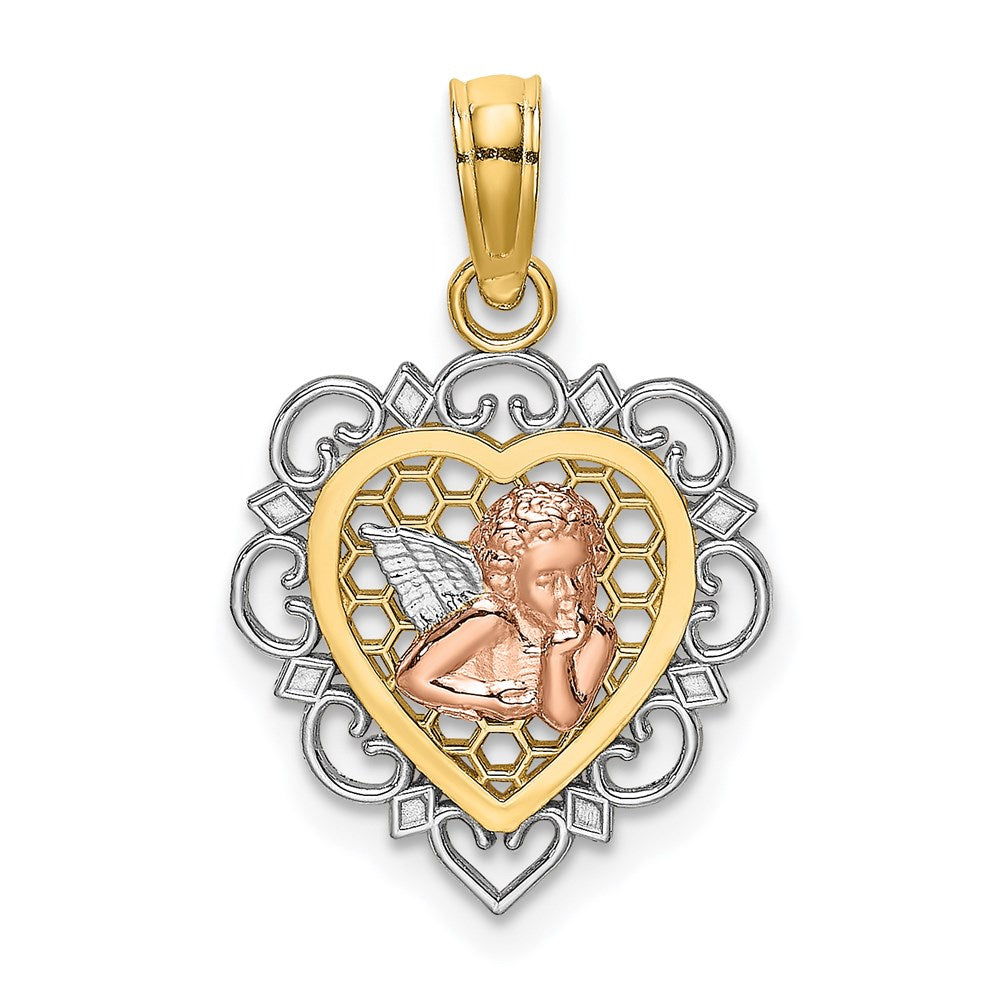 14K Bicolor mit Weiß Rhodium Klein Engel in Herz Charm