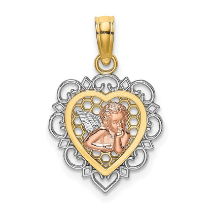 14K Bicolor mit Weiß Rhodium Klein Engel in Herz Charm