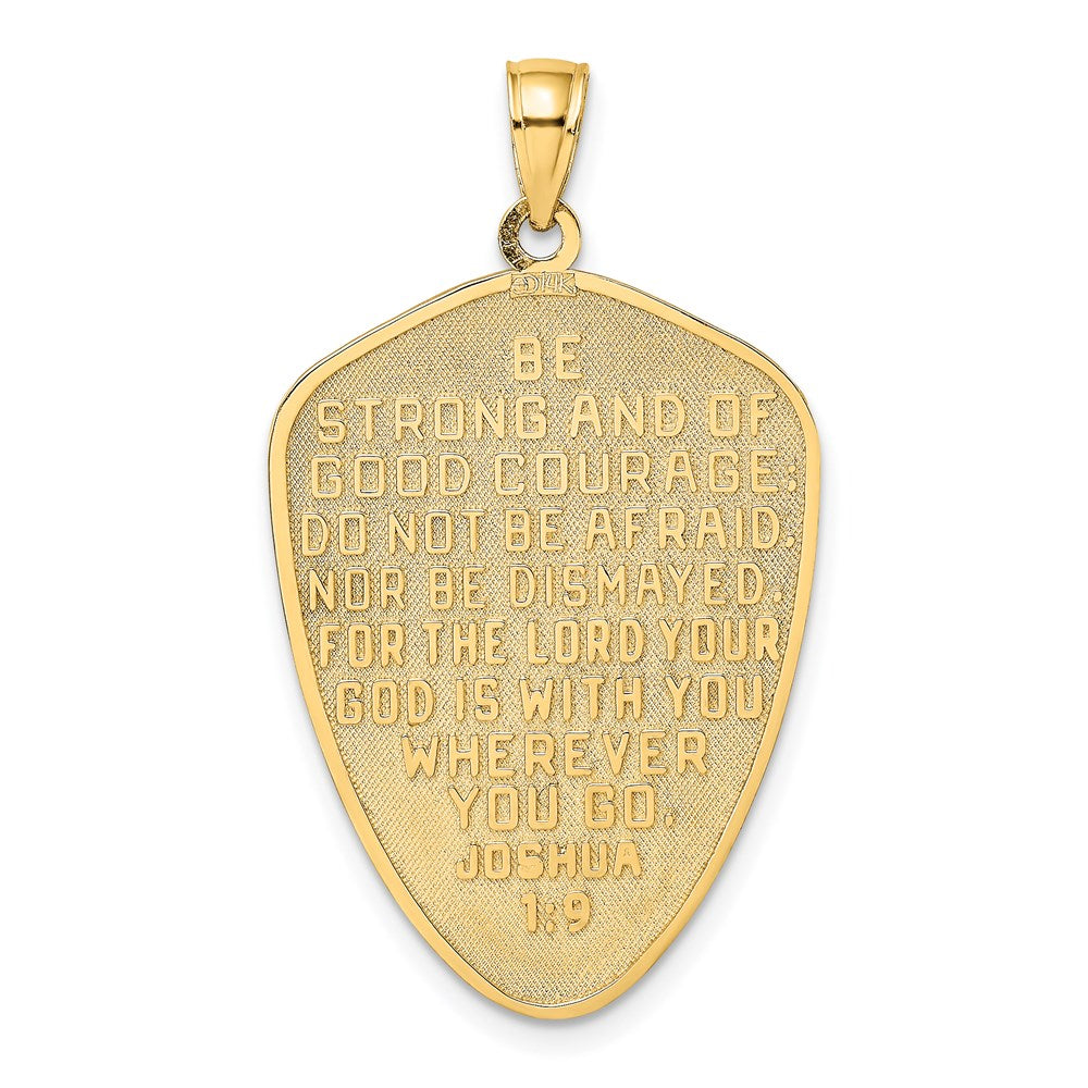 14K Gelb- und Rhodiumgold-Kreuzschild-Charm mit Rhodium und Joshua 1:9 auf der Rückseite