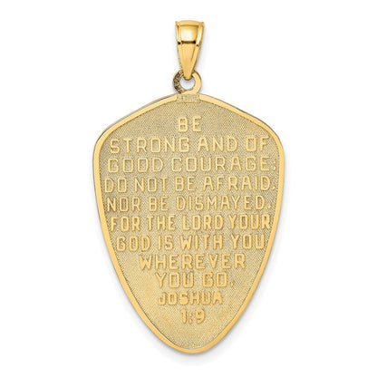 14K Gelb- und Rhodiumgold-Kreuzschild-Charm mit Rhodium und Joshua 1:9 auf der Rückseite