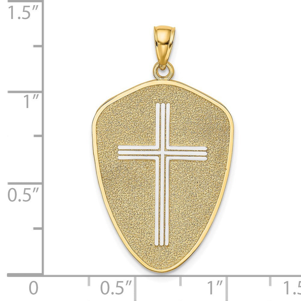 14K Gelb- und Rhodiumgold-Kreuzschild-Charm mit Rhodium und Joshua 1:9 auf der Rückseite