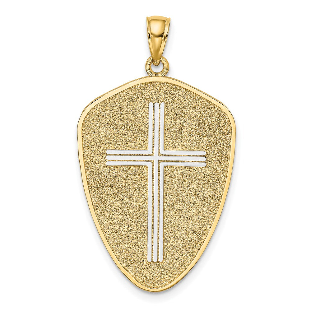 14K Gelb- und Rhodiumgold-Kreuzschild-Charm mit Rhodium und Joshua 1:9 auf der Rückseite