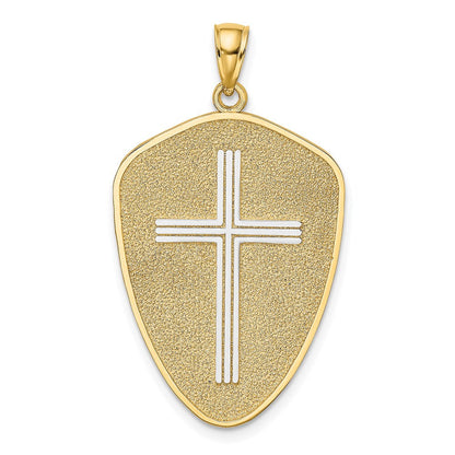 14K Gelb- und Rhodiumgold-Kreuzschild-Charm mit Rhodium und Joshua 1:9 auf der Rückseite