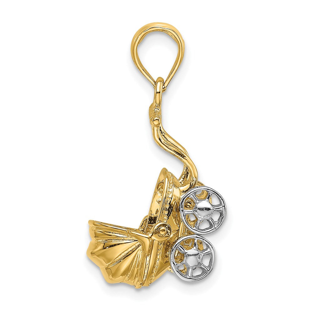 14K Gelb- und Rhodiumgold 3D-Kinderwagen-Charm mit Rhodium und beweglichen Rädern