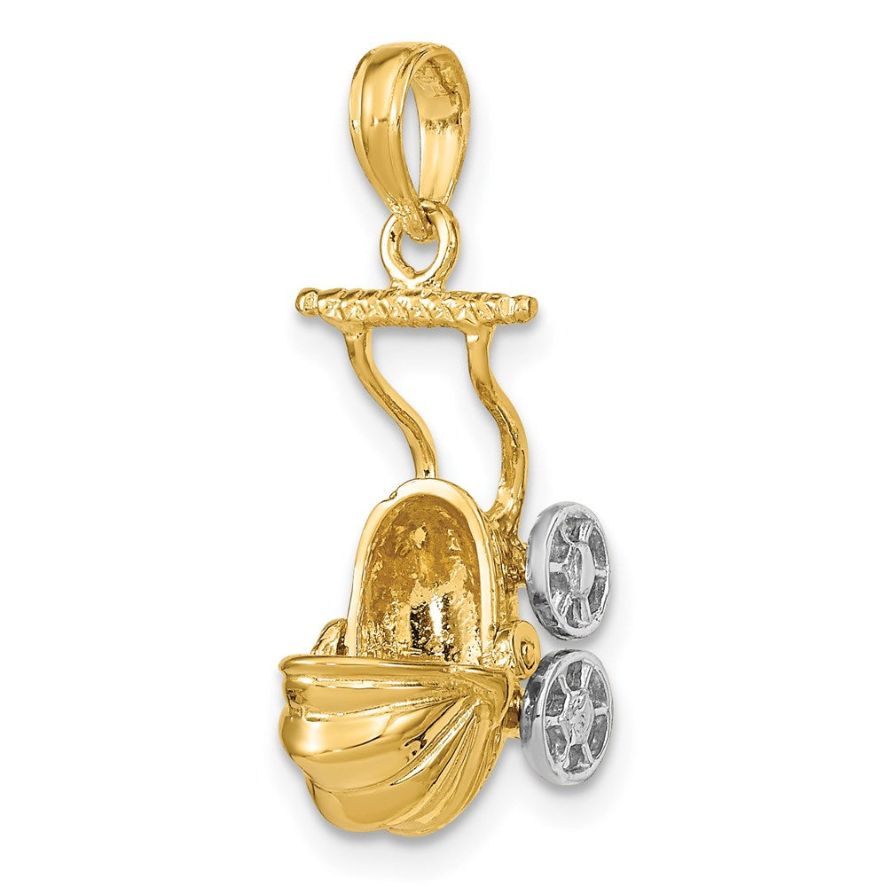 14K Gelb- und Rhodiumgold 3D-Kinderwagen-Charm mit Rhodium und beweglichen Rädern
