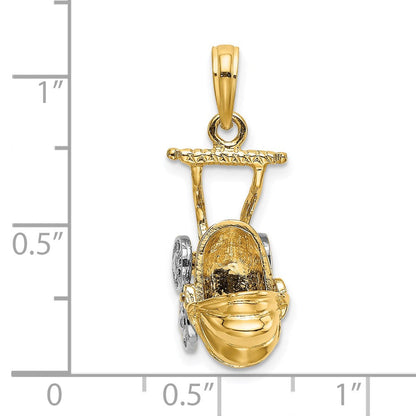 14K Gelb- und Rhodiumgold 3D-Kinderwagen-Charm mit Rhodium und beweglichen Rädern