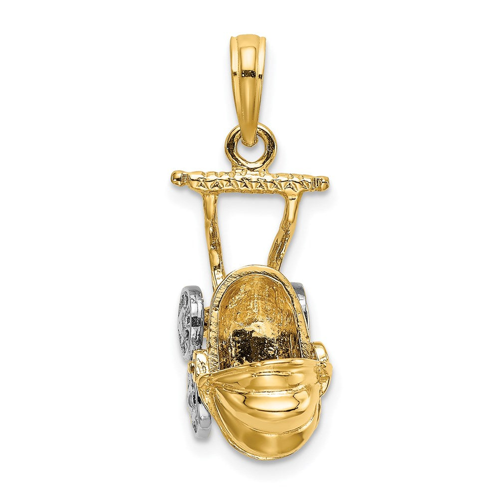 14K Gelb- und Rhodiumgold 3D-Kinderwagen-Charm mit Rhodium und beweglichen Rädern