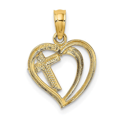 14K Gelb & Rhodium mit Kreuz in Herz Charm