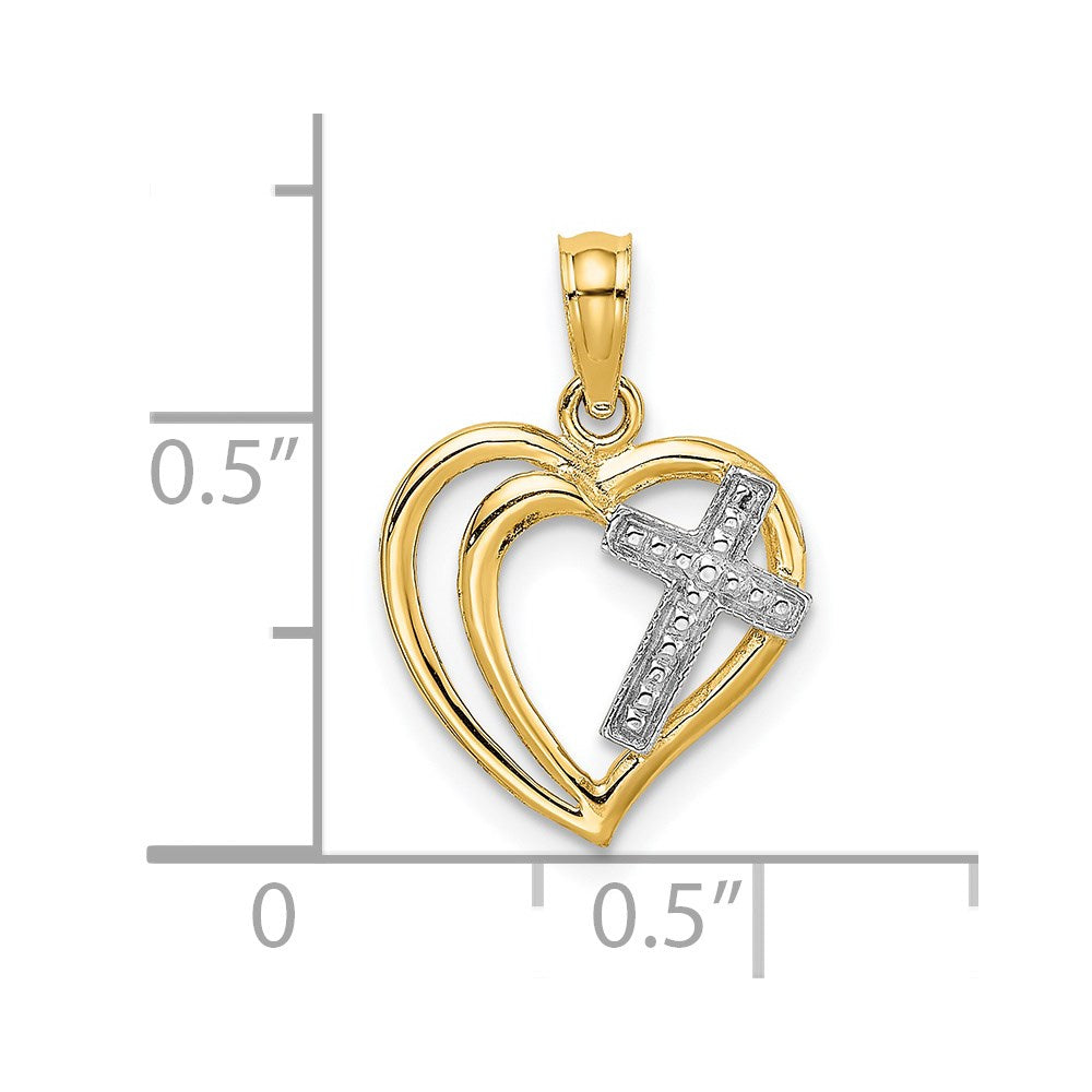 14K Gelb & Rhodium mit Kreuz in Herz Charm