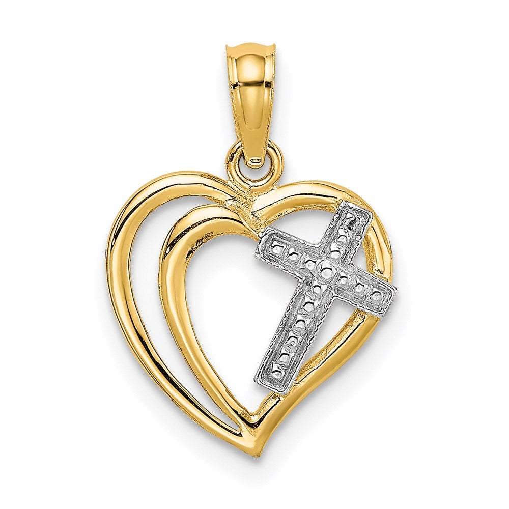 14K Gelb & Rhodium mit Kreuz in Herz Charm