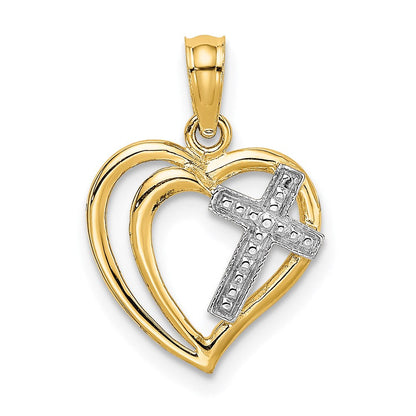 14K Gelb & Rhodium mit Kreuz in Herz Charm