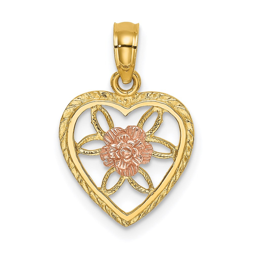 14K Bicolor Herz mit Blume Inside Charm