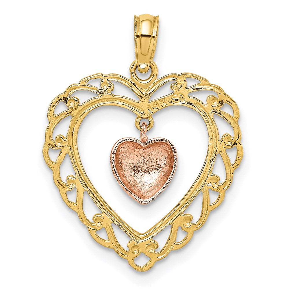 14K Zweifarbiges Gold Gelb- und Roségold Polierter Baumelnder Herz-in-Herz-Charm