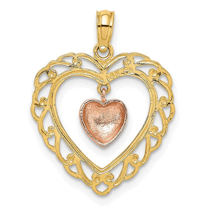 14K Zweifarbiges Gold Gelb- und Roségold Polierter Baumelnder Herz-in-Herz-Charm