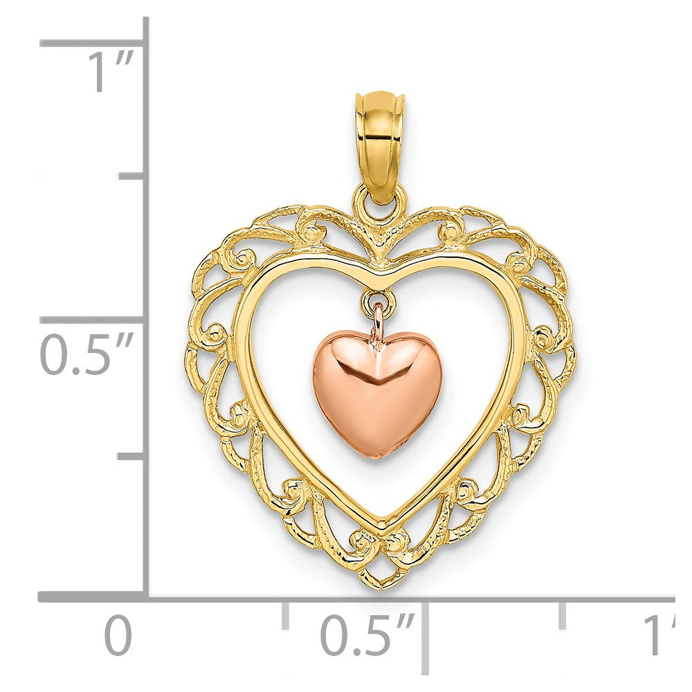 14K Zweifarbiges Gold Gelb- und Roségold Polierter Baumelnder Herz-in-Herz-Charm