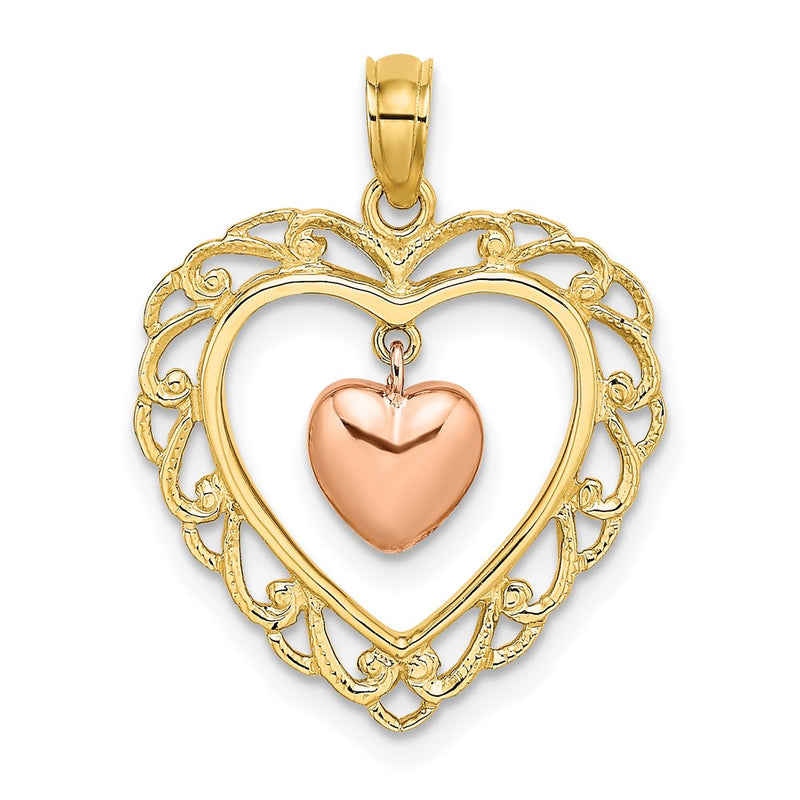 14K Zweifarbiges Gold Gelb- und Roségold Polierter Baumelnder Herz-in-Herz-Charm
