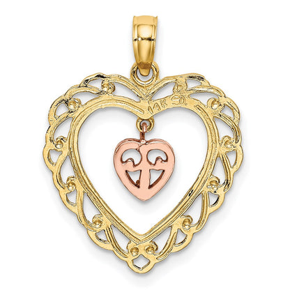14K Bicolor-Gold Diamantierter Mini-Herz-im-Herz-Charm