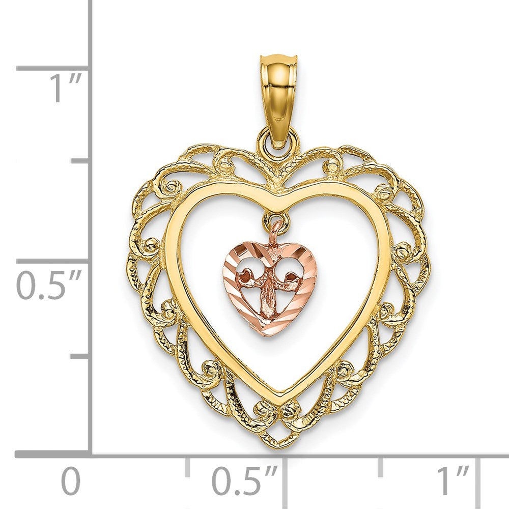14K Bicolor-Gold Diamantierter Mini-Herz-im-Herz-Charm