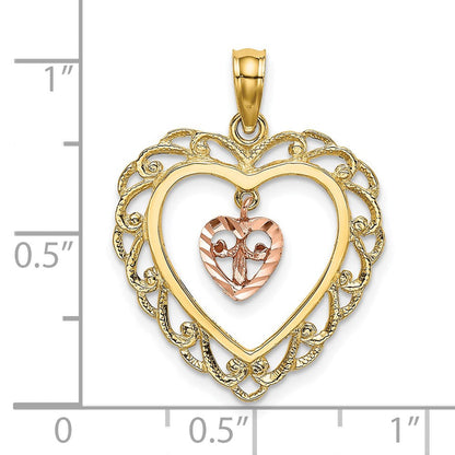 14K Bicolor-Gold Diamantierter Mini-Herz-im-Herz-Charm