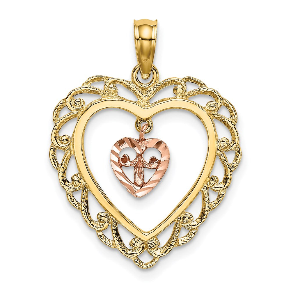 14K Bicolor-Gold Diamantierter Mini-Herz-im-Herz-Charm